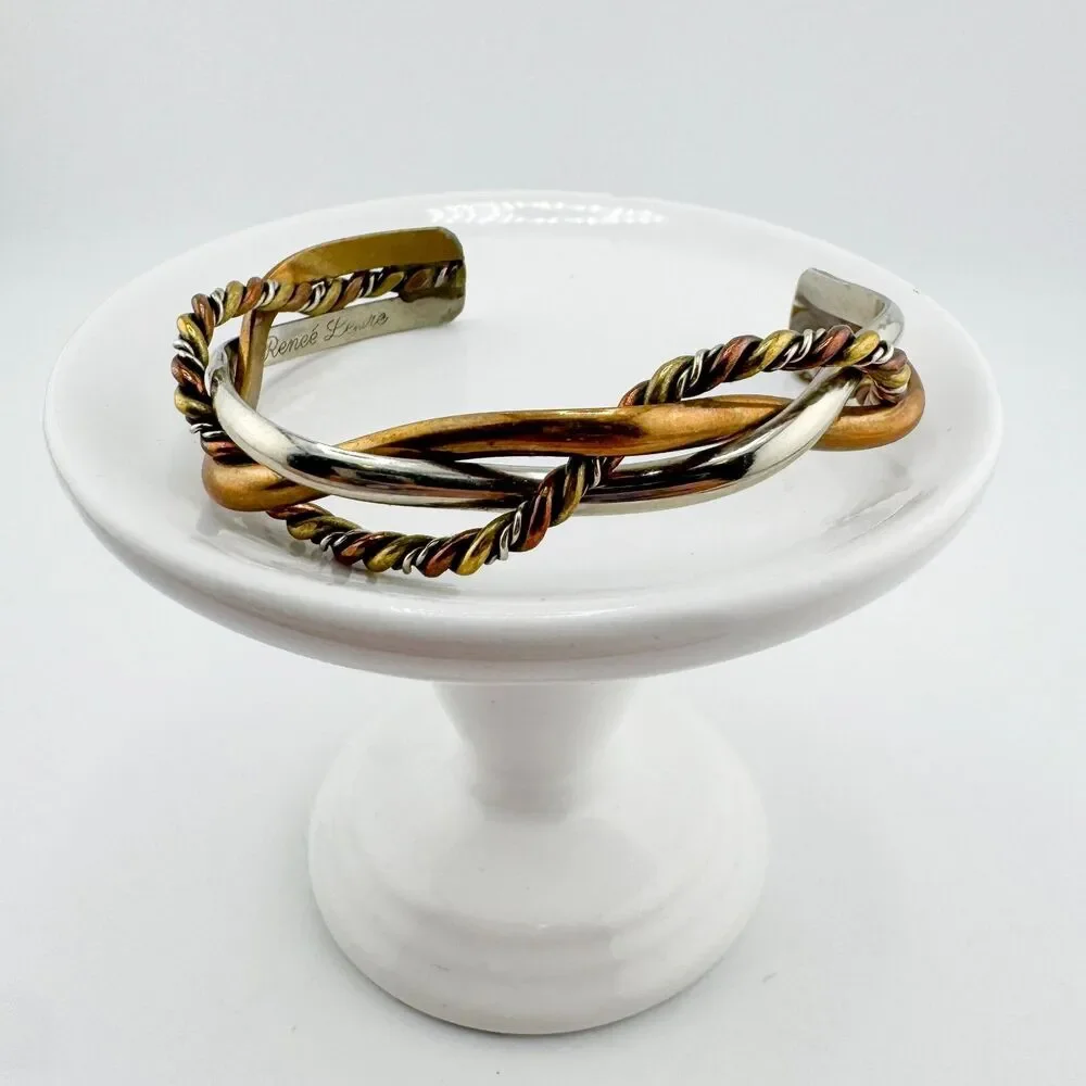 Signed Renee Lepre 925 Copper Brass Cuff Vintage Bracelet Mixed Metal Artisan
